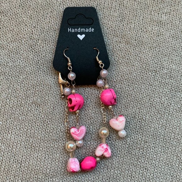 💖 Handmade Pink Skull & Heart & Pearls Bracelet and Earrings Set - Picture 3 of 11